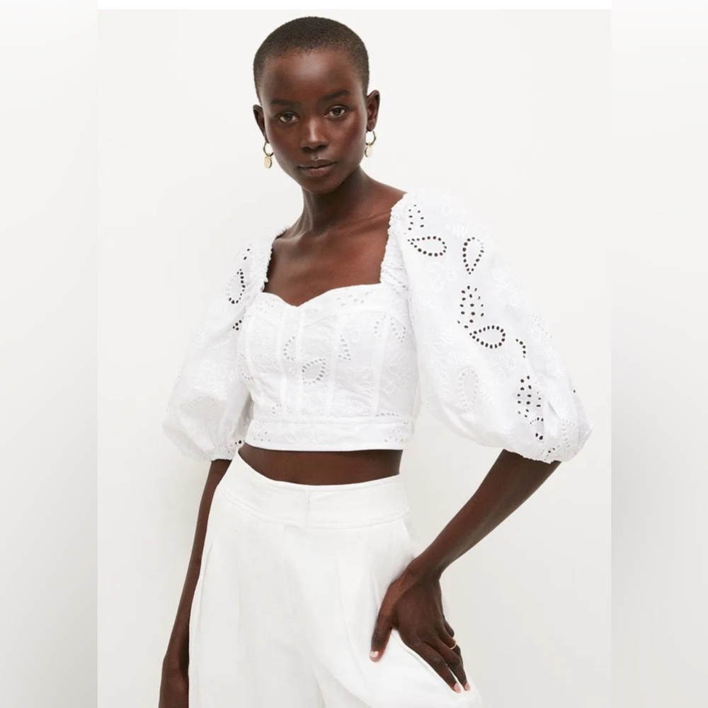 Karen Millen Lydia Millen White On White Broderie Crop Top Eyelet Puff Sleeve 12